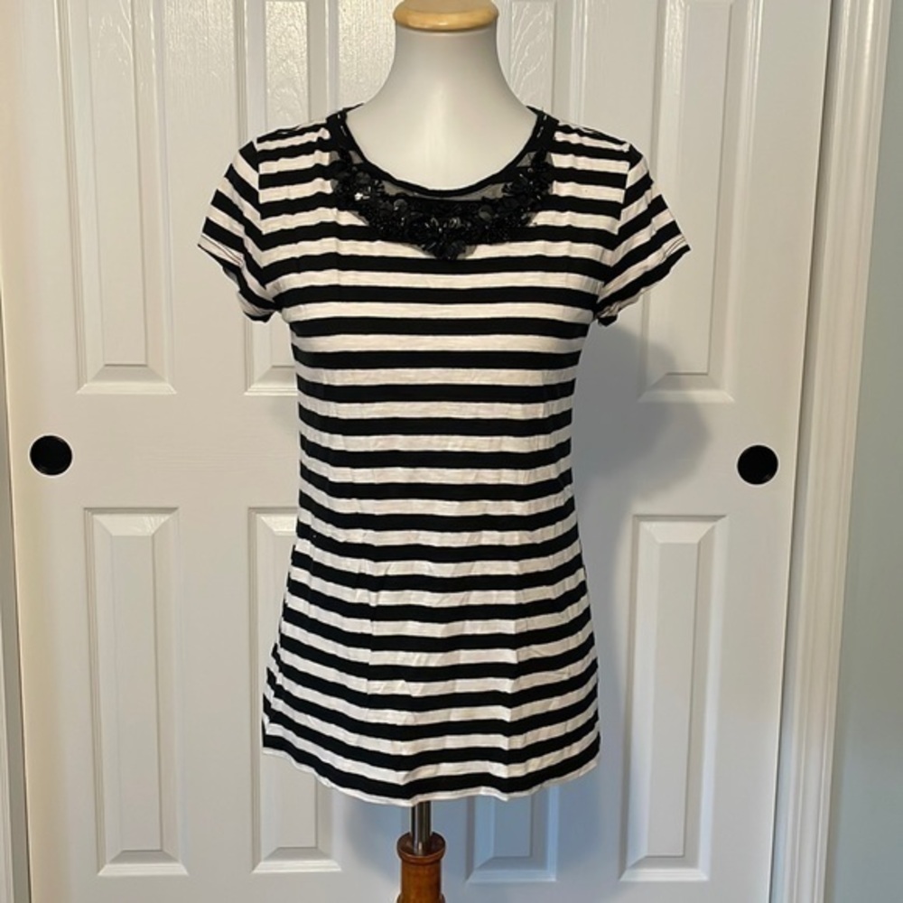Ann Taylor LOFT black and white horizontal stripes with flowered jewel neckline